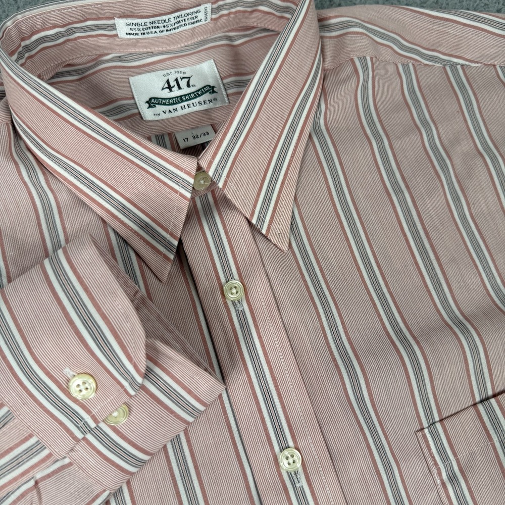 VTG Van Heusen 417 Dress Shirt Mens 17 32/33 Pink Stripe Single Needle USA NWT